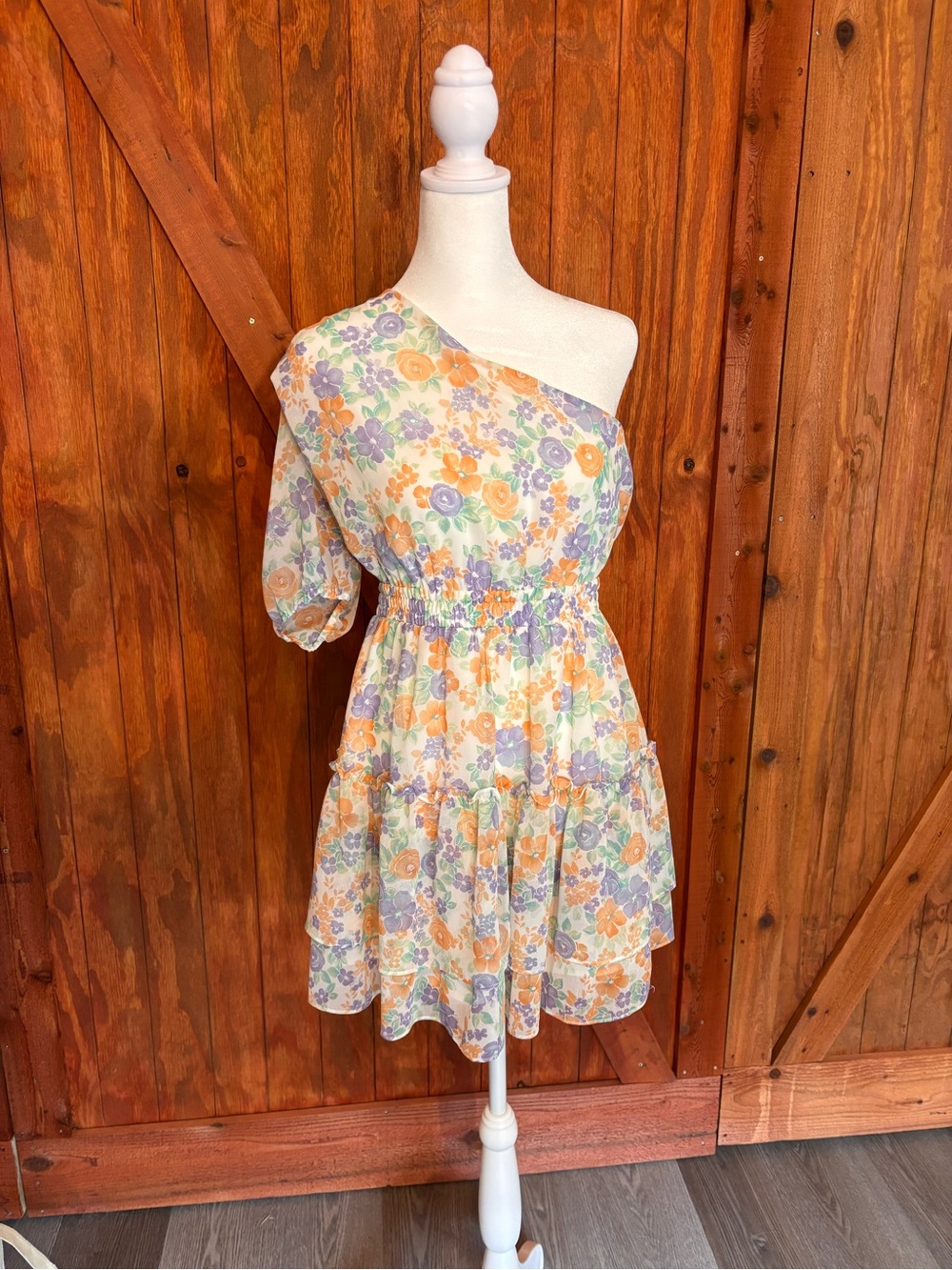 Wayf One-Shoulder Floral Tiered Dress in Yellow, Lavender, and Mint